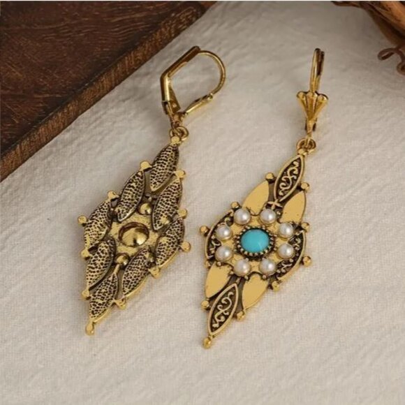NEW Zelda Art Deco Gold Plated Seed Pearl Turquoise Drop Earrings - Picture 3 of 5